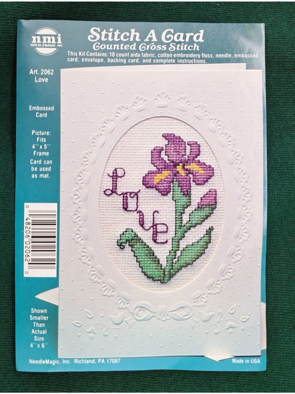 Vintage Handmade Card Counted Cross-Stitch Iris Embossed 2062 Love With Envelope